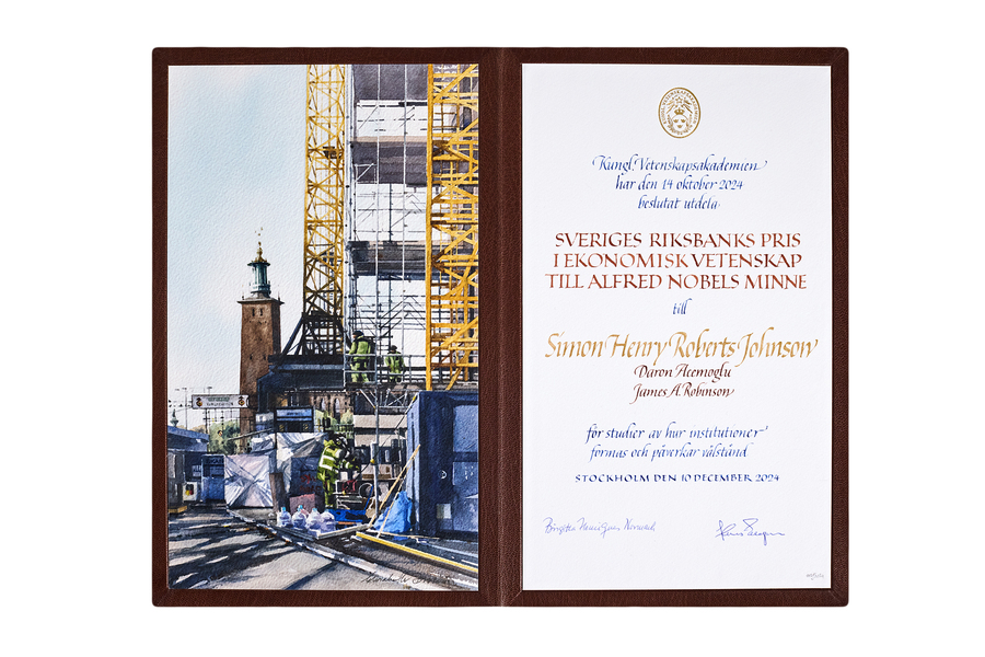 Simon Johnson's Nobel Prize diploma, which features an image of a construction site at left and a citation in calligraphy at right